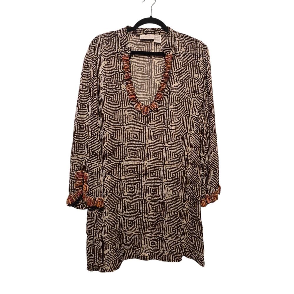 Soft Surroundings Beaded‎ Sheer Tunic Top Womens LG Brown Animal Print Boho GUC